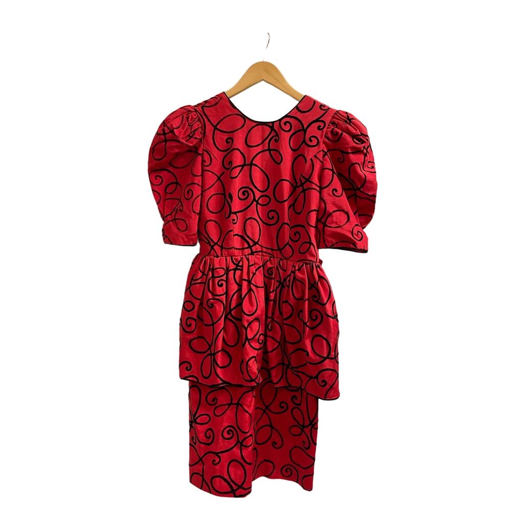 Vtg 80s/90s Red Party Dress Black Velvet Flocking Puffy Sleeve Tiered Skirt 6